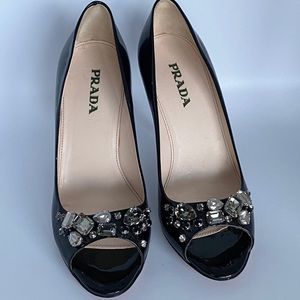 Prada Black Patent Leather with Swarovski peep toe